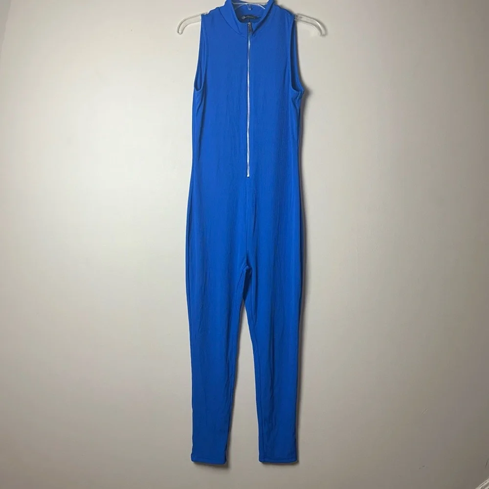 Pretty Garden Blue Ribbed Sleeveless Mock Neck Jumpsuit Women's Large - Picture 1 of 7